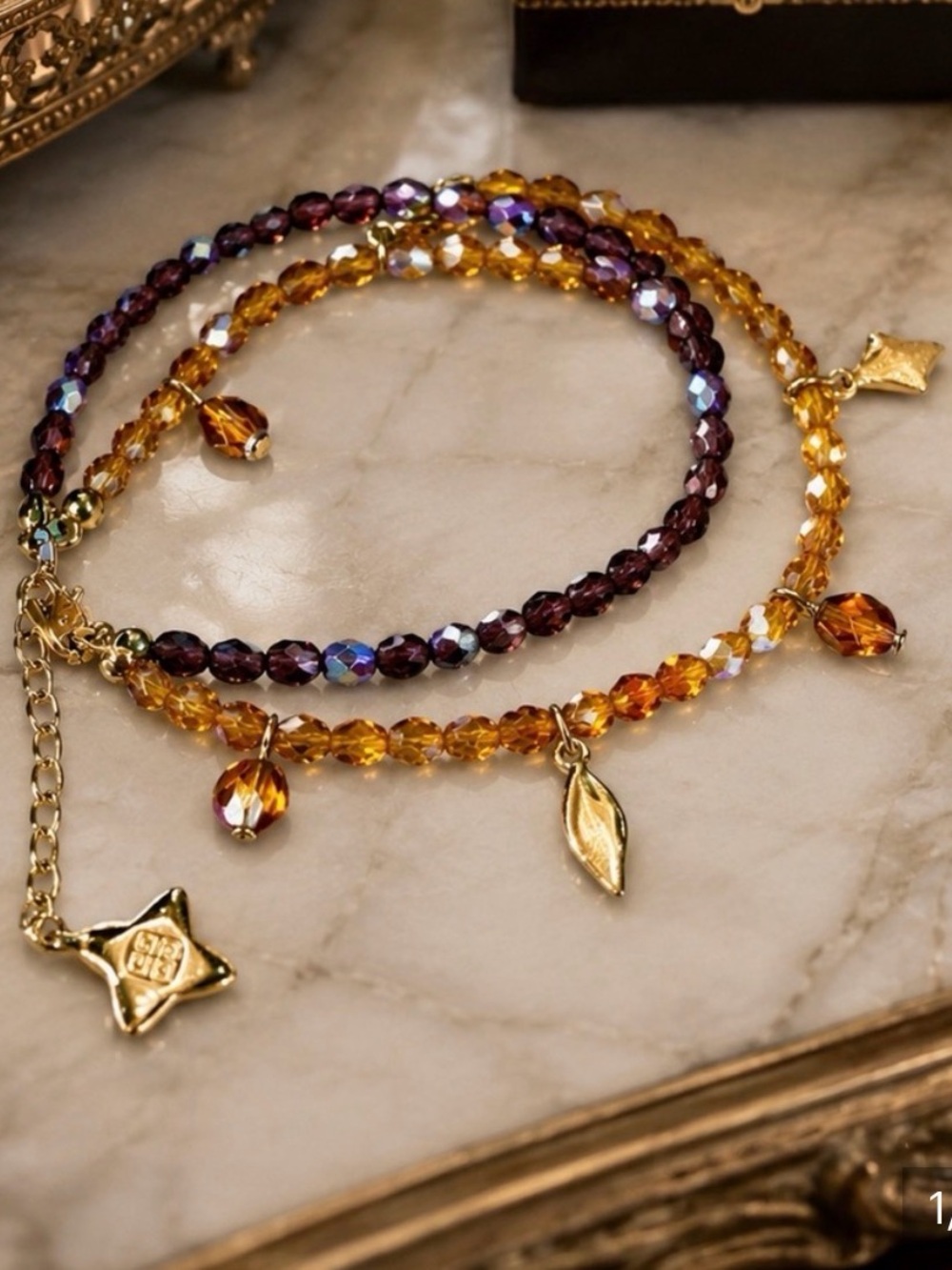 GIVENCHY Amber and Purple Austrian Crystal and Gold Tone Double Strand Bracelet